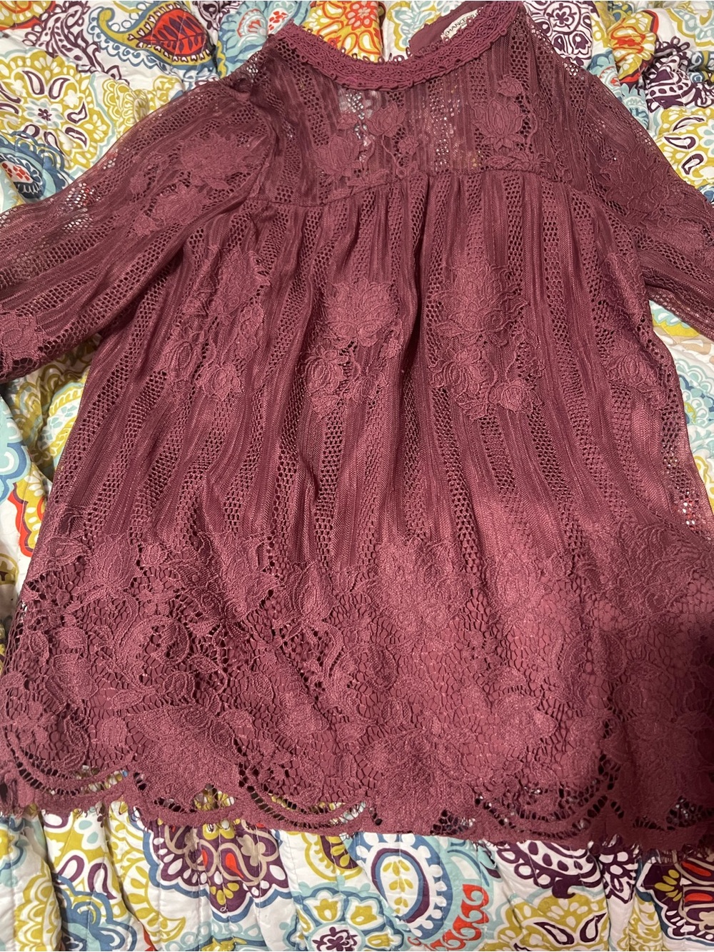 Chance or Fate Women’s Lace Overlay shirt in Wine